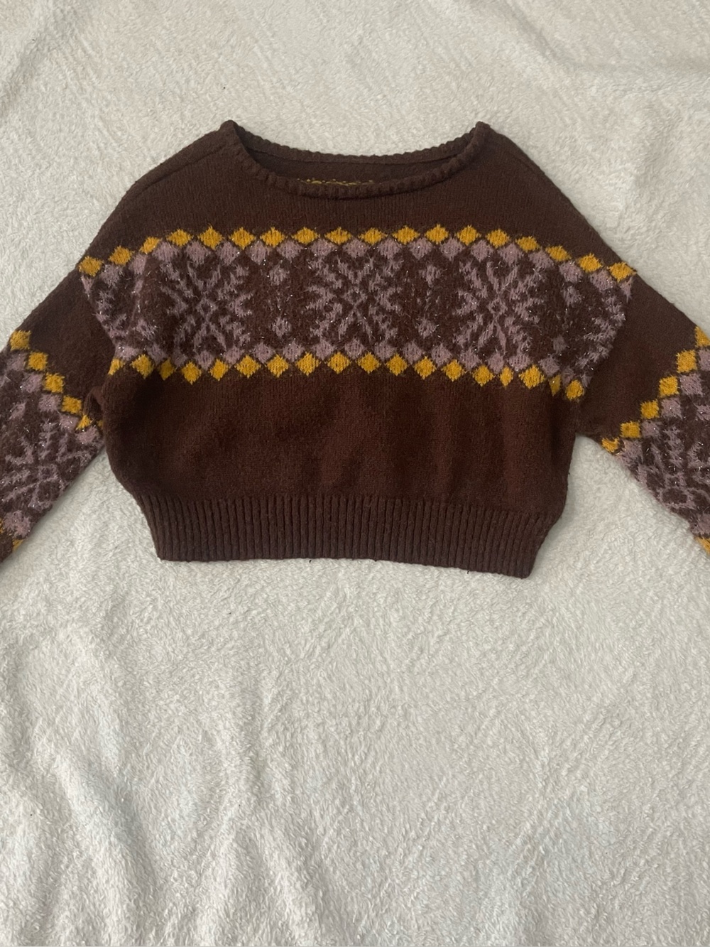 SO Brown Fair Isle Crewneck Sweater with Pink & Mustard Accents